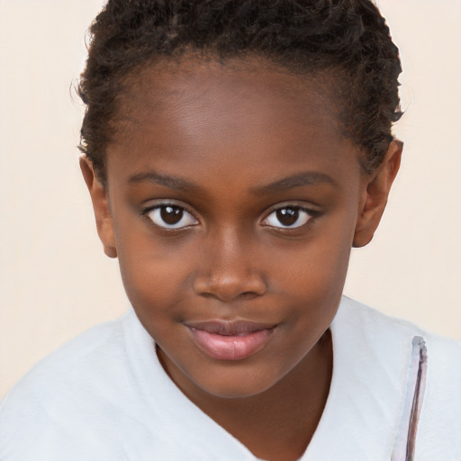 Joyful black child female with short  brown hair and brown eyes