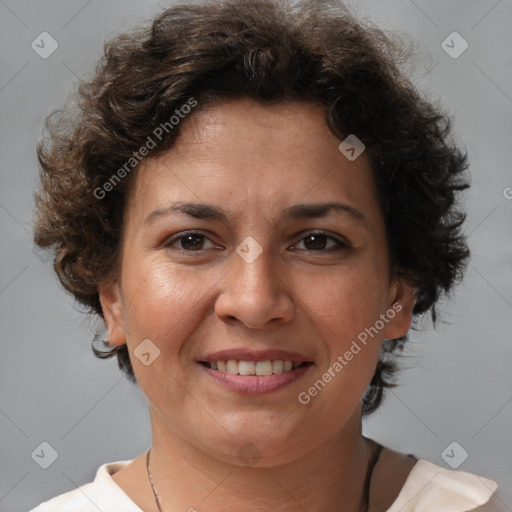 Joyful white adult female with short  brown hair and brown eyes