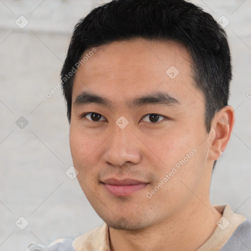 Neutral asian young-adult male with short  black hair and brown eyes