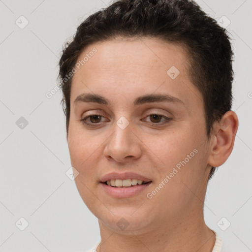 Joyful white young-adult female with short  brown hair and brown eyes