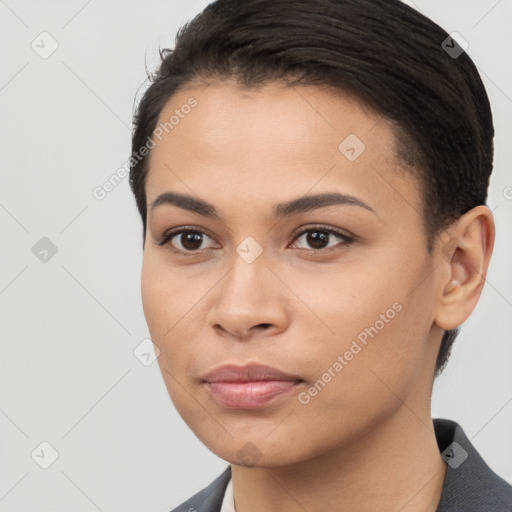 Neutral white young-adult female with short  black hair and brown eyes