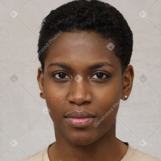 Neutral black young-adult female with short  black hair and brown eyes