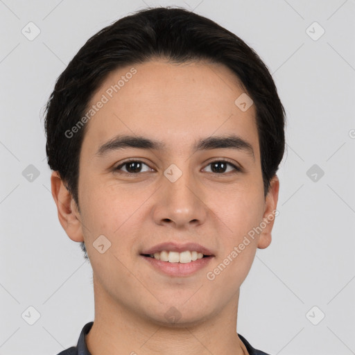 Joyful white young-adult male with short  brown hair and brown eyes