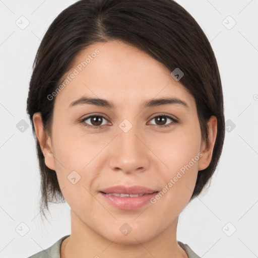 Joyful white young-adult female with medium  brown hair and brown eyes