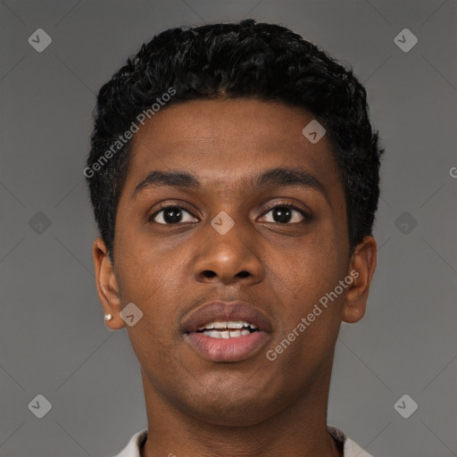 Neutral black young-adult male with short  black hair and brown eyes