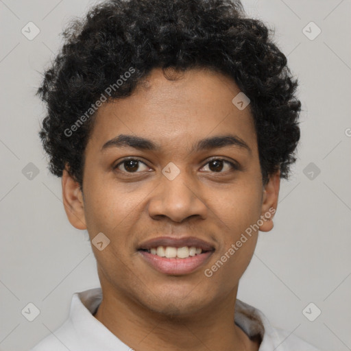 Joyful latino young-adult male with short  brown hair and brown eyes