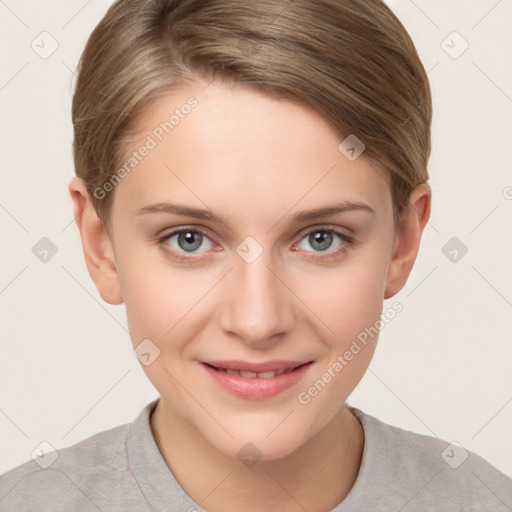 Joyful white young-adult female with short  brown hair and grey eyes