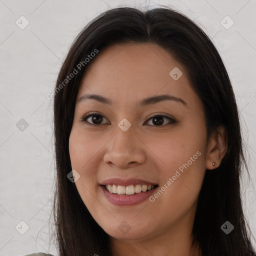 Joyful white young-adult female with long  brown hair and brown eyes