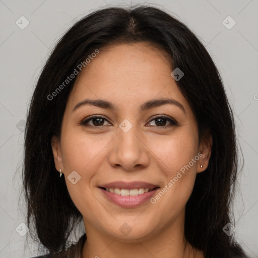 Joyful latino young-adult female with long  brown hair and brown eyes