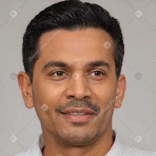 Joyful latino adult male with short  black hair and brown eyes
