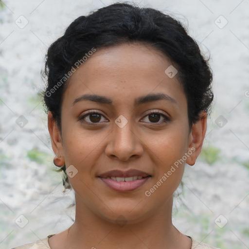 Joyful latino young-adult female with short  brown hair and brown eyes