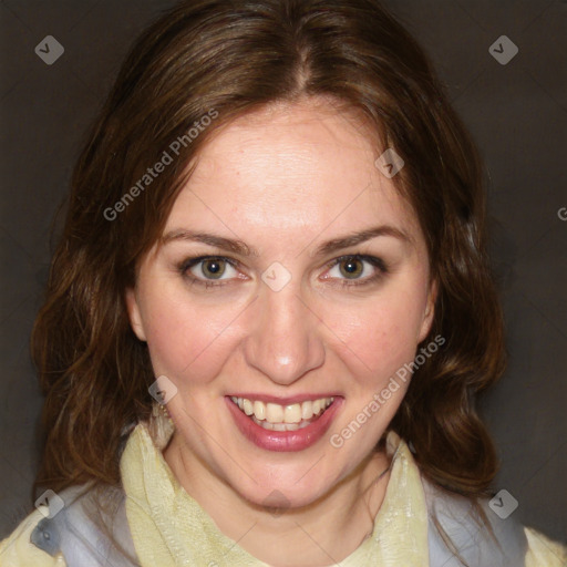 Joyful white young-adult female with medium  brown hair and green eyes