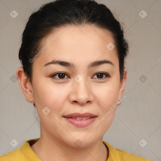 Joyful asian young-adult female with short  brown hair and brown eyes