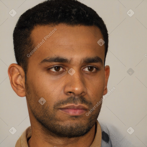 Neutral latino young-adult male with short  black hair and brown eyes