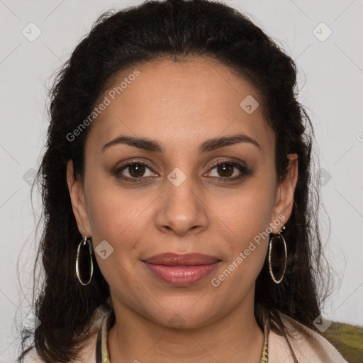 Joyful latino young-adult female with medium  brown hair and brown eyes