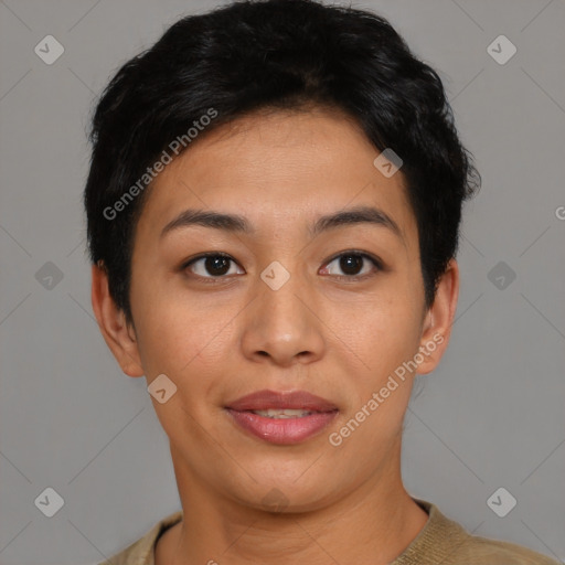 Joyful asian young-adult female with short  black hair and brown eyes