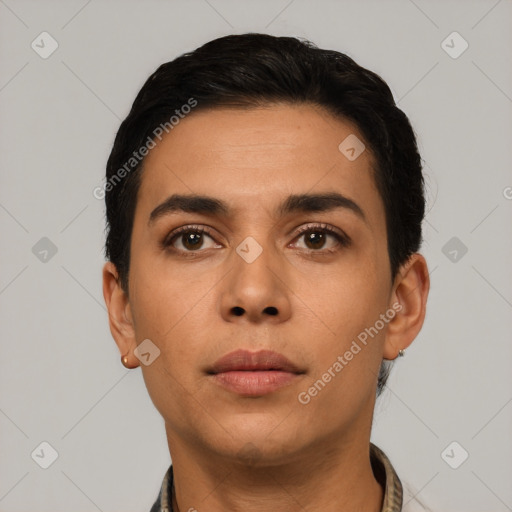 Neutral latino young-adult male with short  black hair and brown eyes