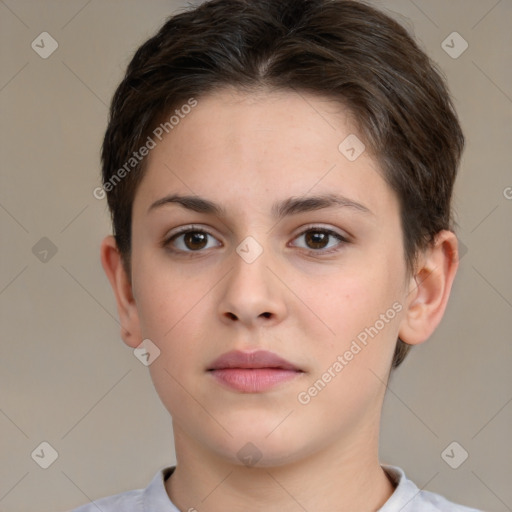 Neutral white young-adult female with short  brown hair and brown eyes