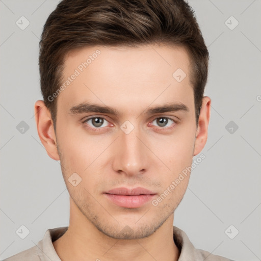 Neutral white young-adult male with short  brown hair and brown eyes