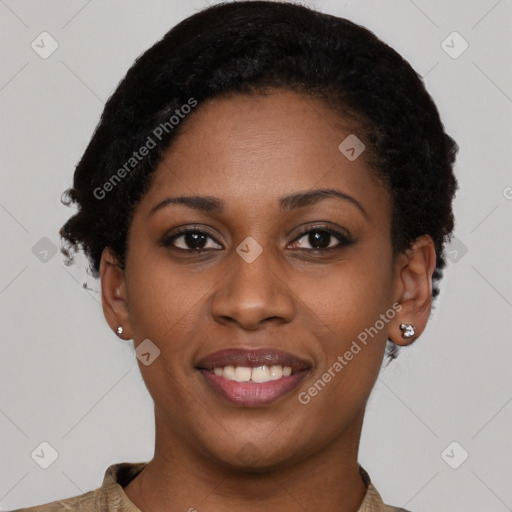 Joyful latino young-adult female with short  black hair and brown eyes