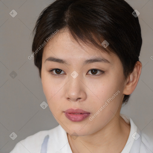Neutral white young-adult female with medium  brown hair and brown eyes