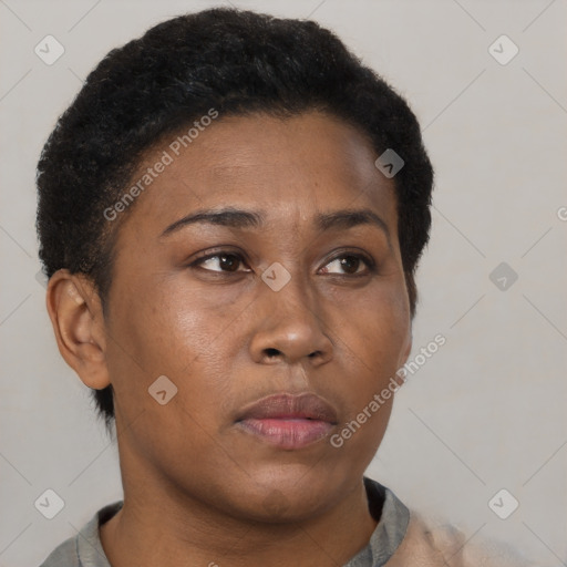 Neutral black adult female with short  brown hair and brown eyes