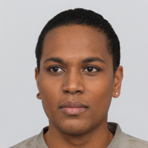Neutral black young-adult male with short  black hair and brown eyes