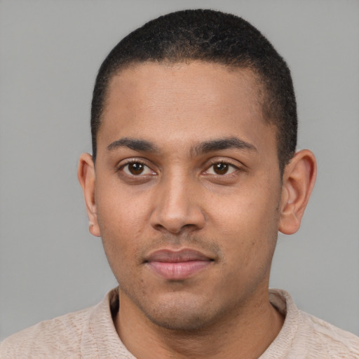 Neutral white young-adult male with short  black hair and brown eyes