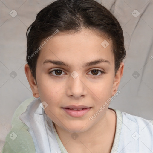 Joyful white child female with short  brown hair and brown eyes