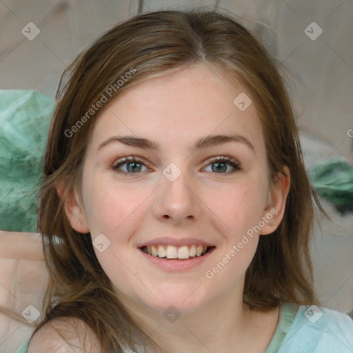 Joyful white young-adult female with medium  brown hair and green eyes