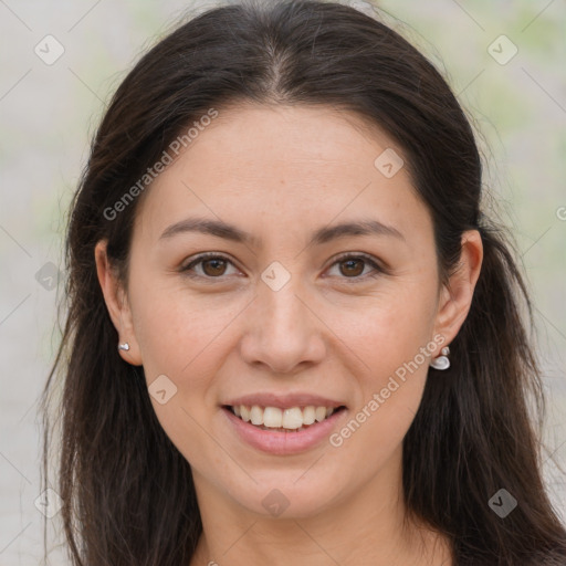 Joyful white young-adult female with long  brown hair and brown eyes