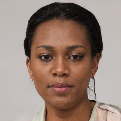 Neutral black young-adult female with short  black hair and brown eyes
