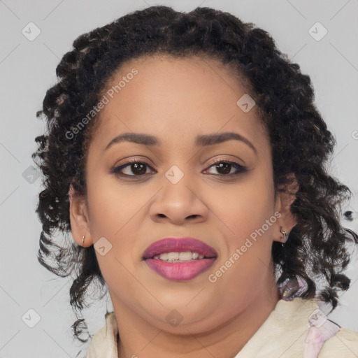 Joyful black young-adult female with medium  brown hair and brown eyes