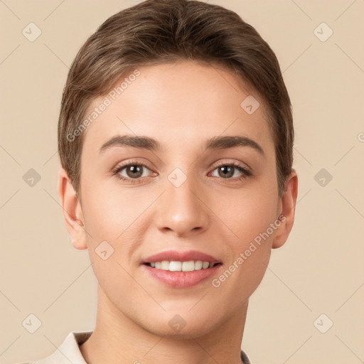 Joyful white young-adult female with short  brown hair and brown eyes