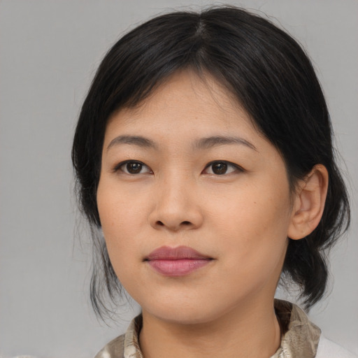 Neutral asian young-adult female with medium  brown hair and brown eyes