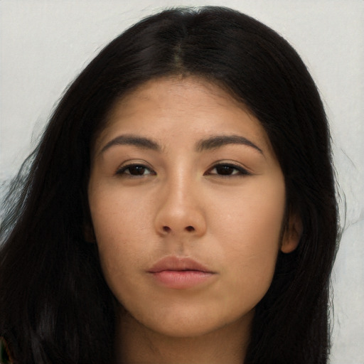 Neutral asian young-adult female with long  black hair and brown eyes