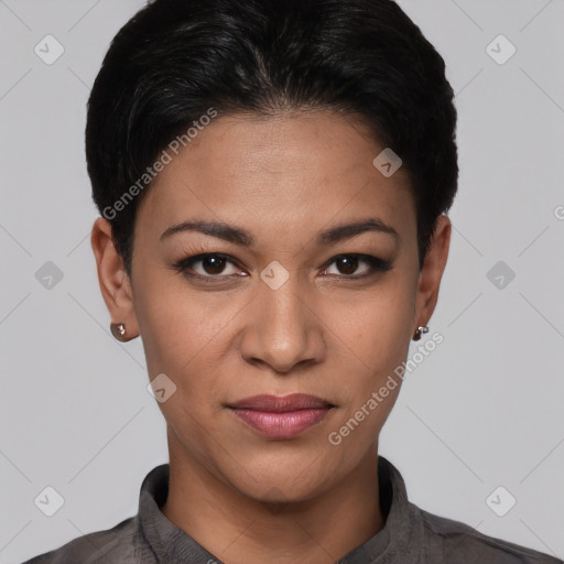 Joyful latino young-adult female with short  black hair and brown eyes