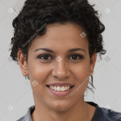 Joyful latino young-adult female with short  brown hair and brown eyes