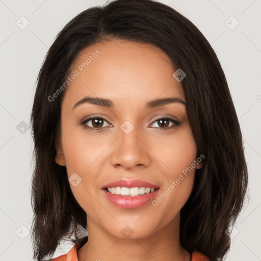 Joyful white young-adult female with long  brown hair and brown eyes