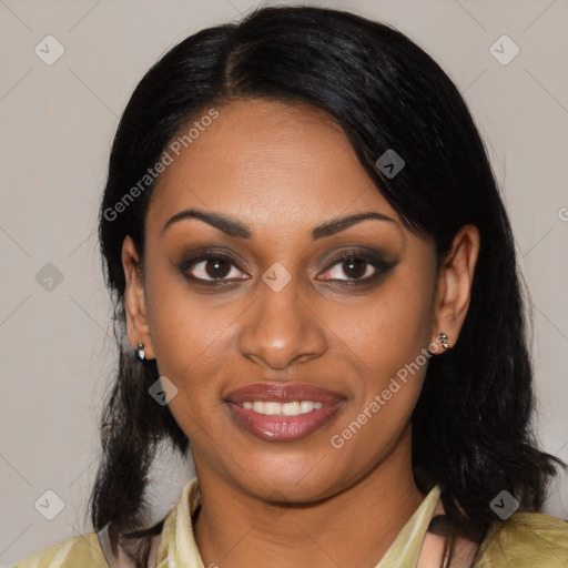 Joyful latino young-adult female with medium  black hair and brown eyes