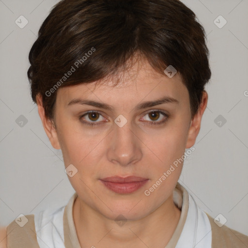 Neutral white young-adult female with short  brown hair and brown eyes