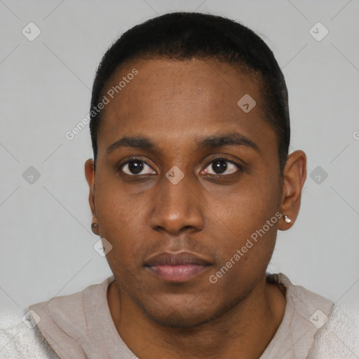 Neutral black young-adult male with short  black hair and brown eyes