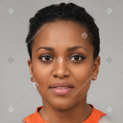 Joyful black young-adult female with short  black hair and brown eyes