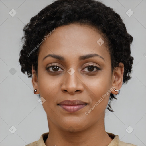 Joyful latino young-adult female with short  black hair and brown eyes