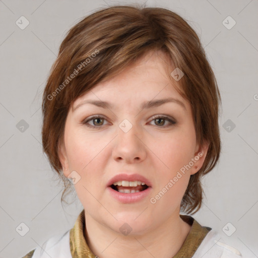 Neutral white young-adult female with medium  brown hair and brown eyes