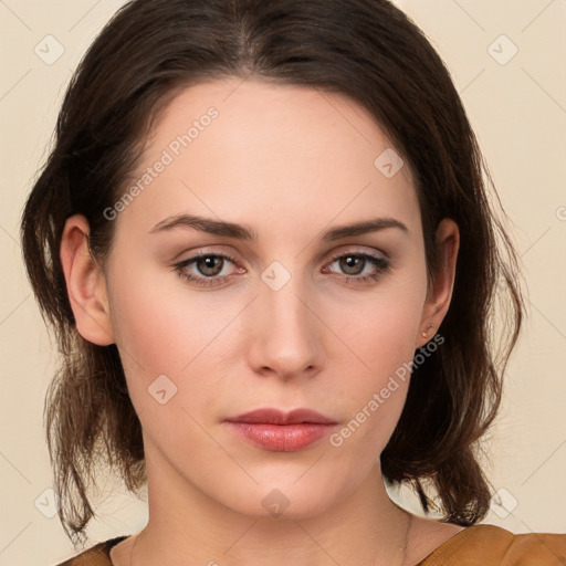 Neutral white young-adult female with medium  brown hair and brown eyes