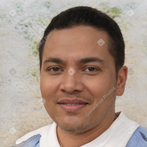 Joyful asian young-adult male with short  brown hair and brown eyes