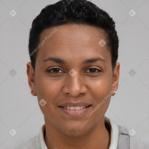 Joyful latino young-adult female with short  brown hair and brown eyes