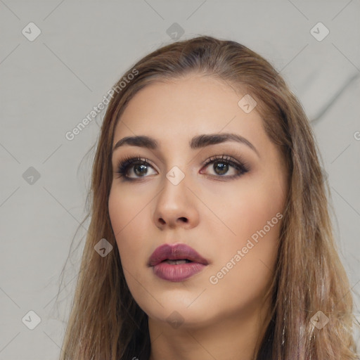 Neutral white young-adult female with long  brown hair and brown eyes