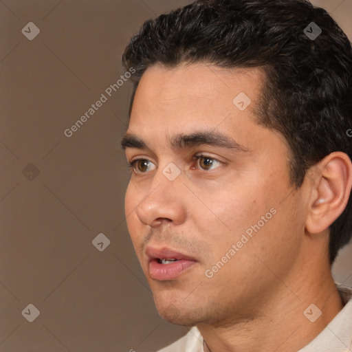 Neutral white young-adult male with short  black hair and brown eyes